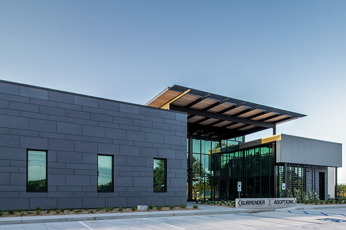Front exterior view of the Lafayette Animal Shelter and Care Center a 20720 square foot modern animal welfare facility designed by A Beazley Architecture in Lafayette Louisiana