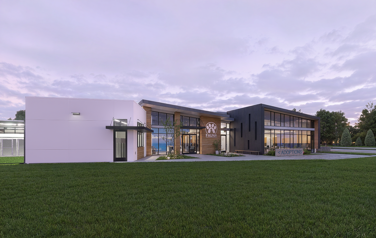 Front evening rendering of FAUNA Natchitoches Pet Adoption Center with warm interior glow at twilight
